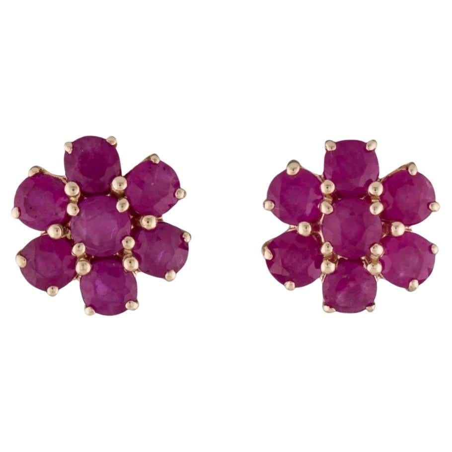14K Ruby Stud Earrings, 2.35ctw, Round Cut, Red Gemstone, Yellow Gold For Sale