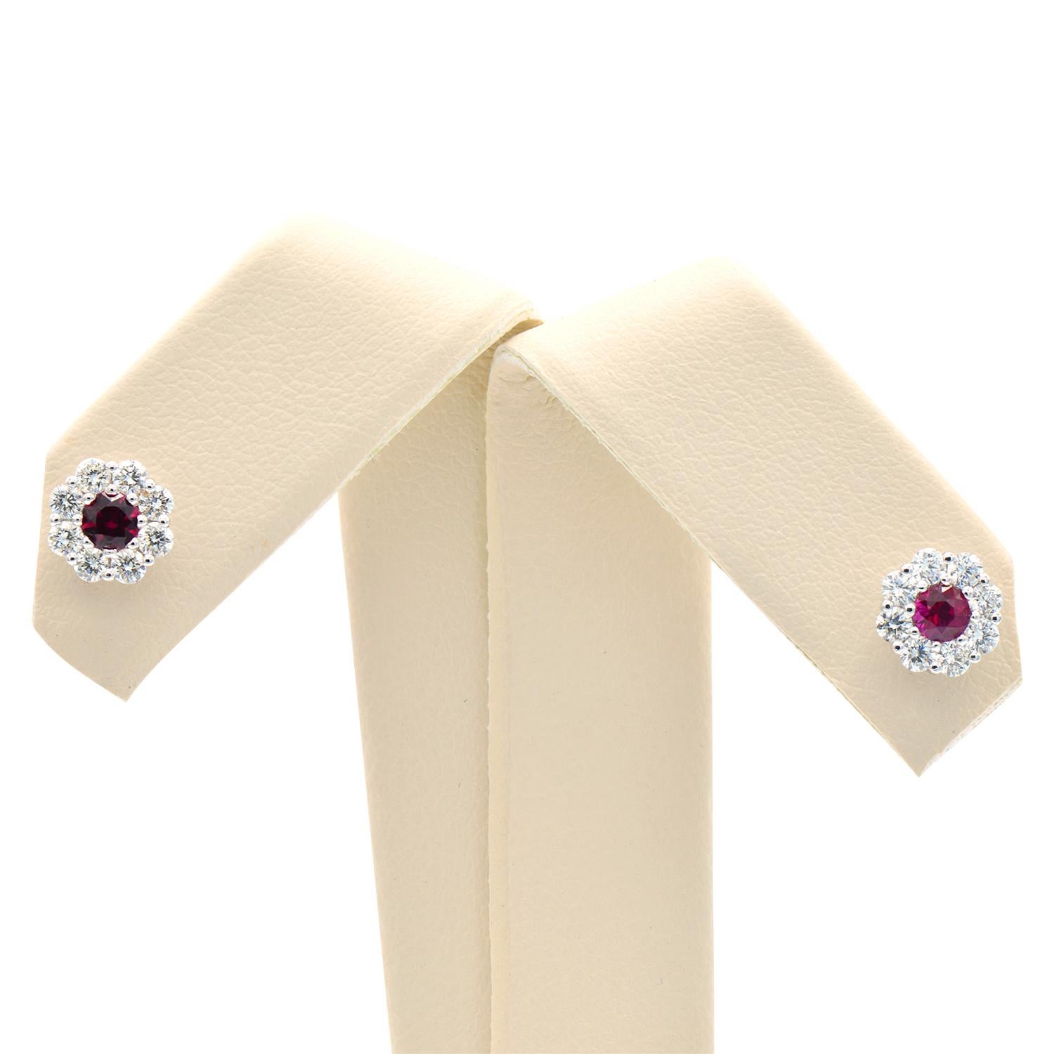 Round Cut 14K Ruby with Diamond Halo Studs For Sale