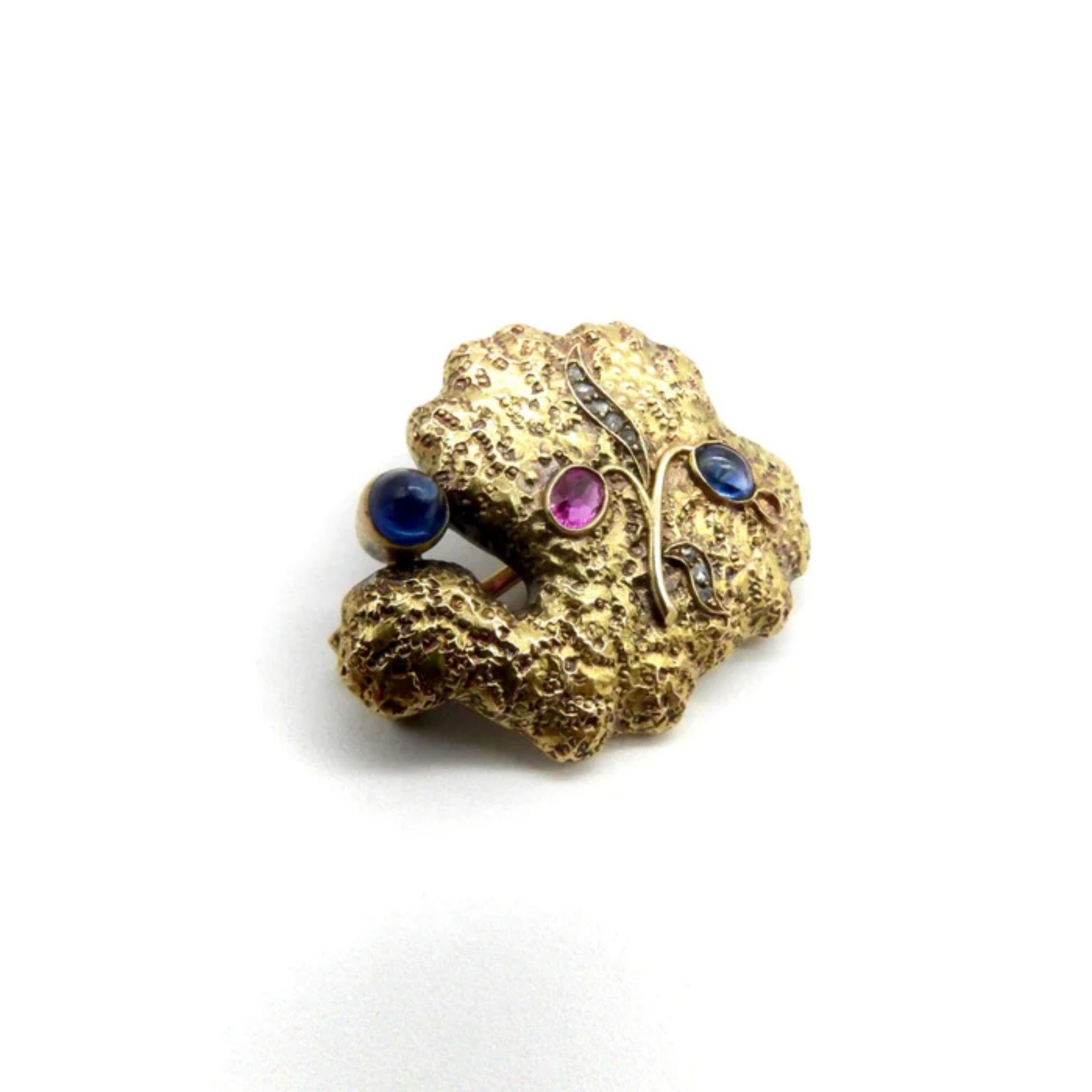 Cabochon 14K Russian Gold Sapphire, Diamond, and Ruby Organic Brooch, circa 1922 For Sale