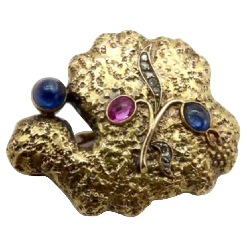 Spilla organica in oro russo 14K con zaffiro, diamante e rubino, circa 1922