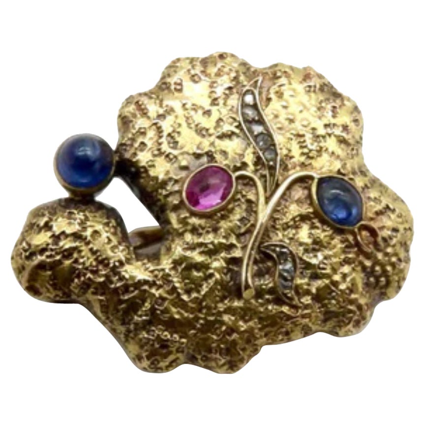 Spilla organica in oro russo 14K con zaffiro, diamante e rubino, circa 1922