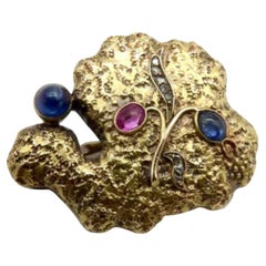 14K Russian Gold Sapphire, Diamond, and Ruby Organic Brooch, circa 1922