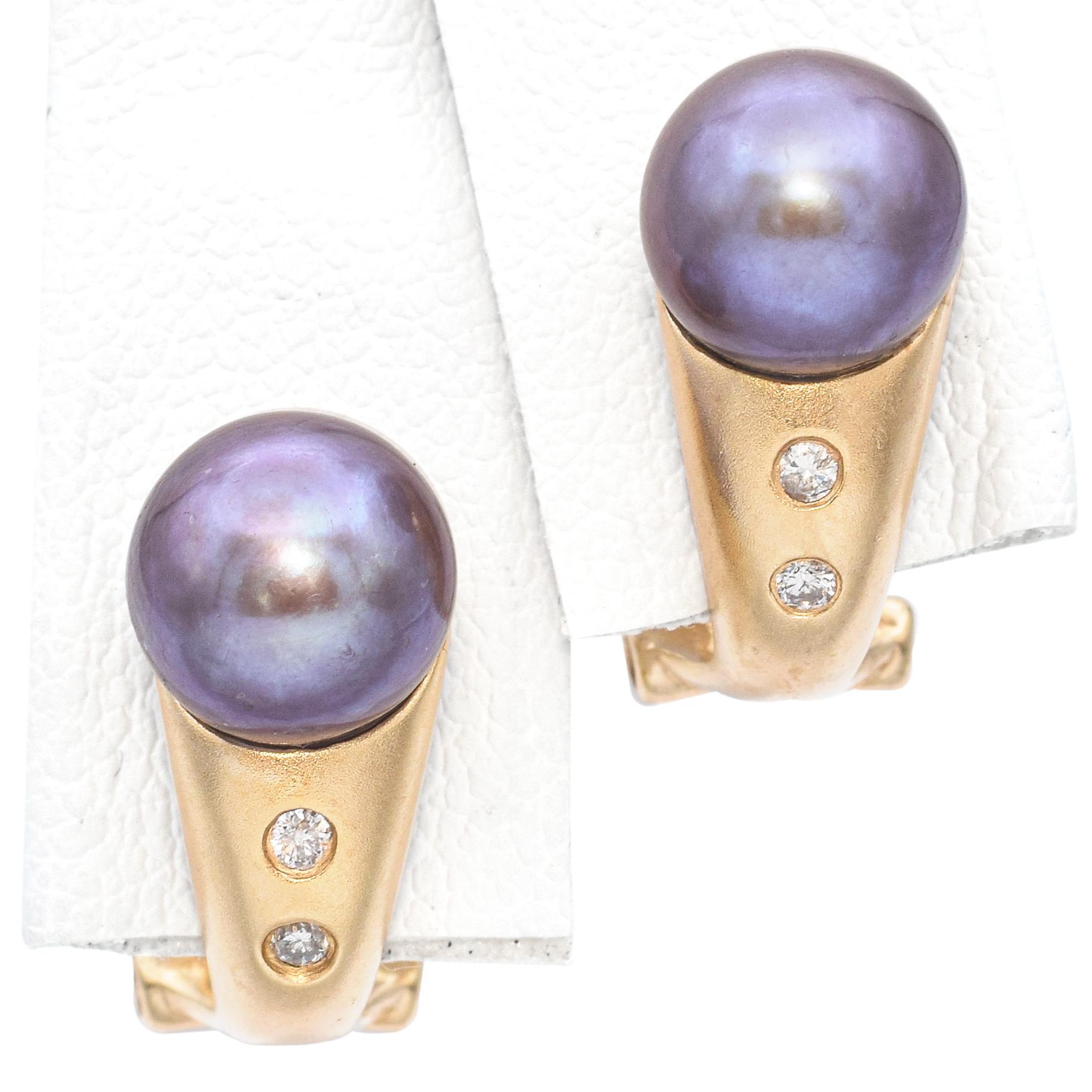 Contemporary 14K Sandblasted Yellow Gold Tahitian Pearl and Diamond Drop Earrings For Sale