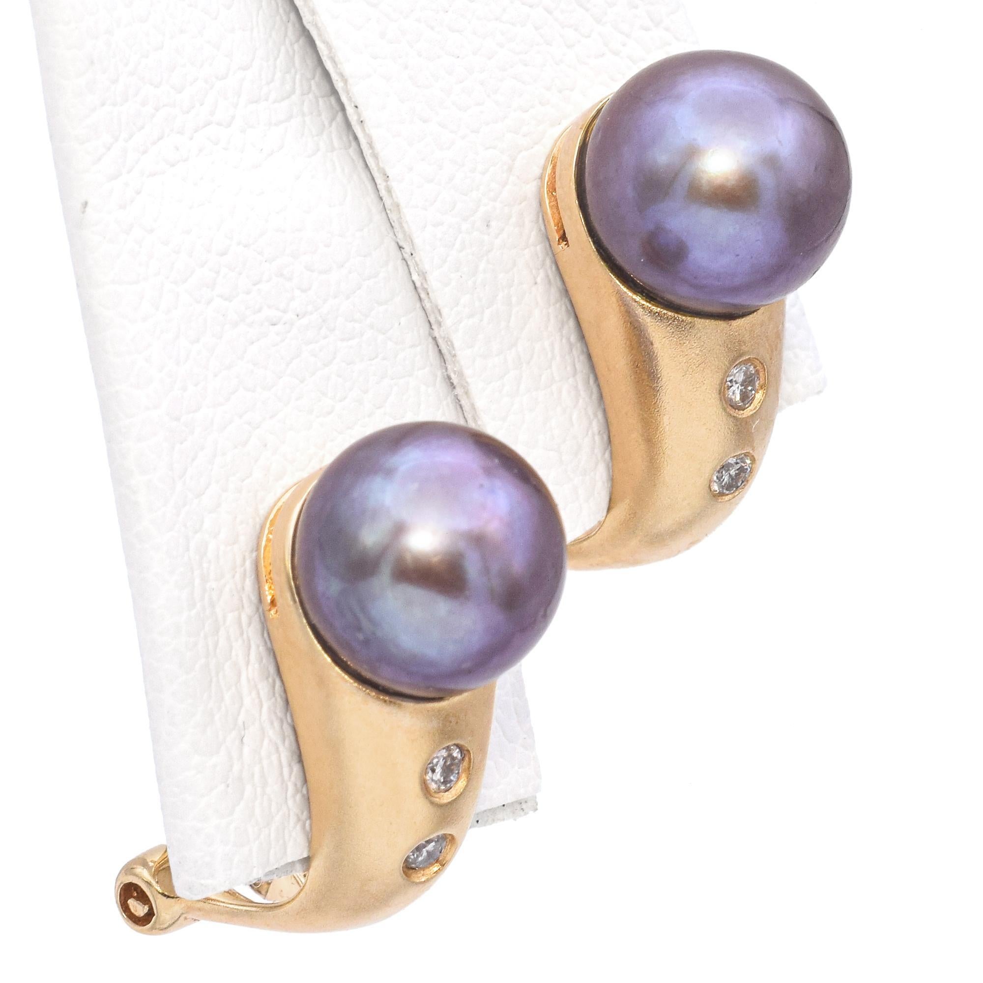 Uncut 14K Sandblasted Yellow Gold Tahitian Pearl and Diamond Drop Earrings For Sale