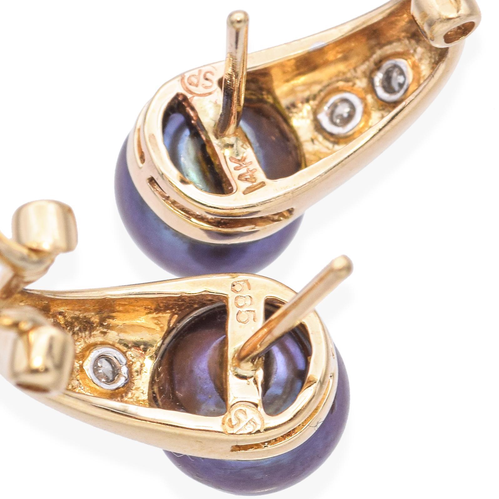 Women's 14K Sandblasted Yellow Gold Tahitian Pearl and Diamond Drop Earrings For Sale