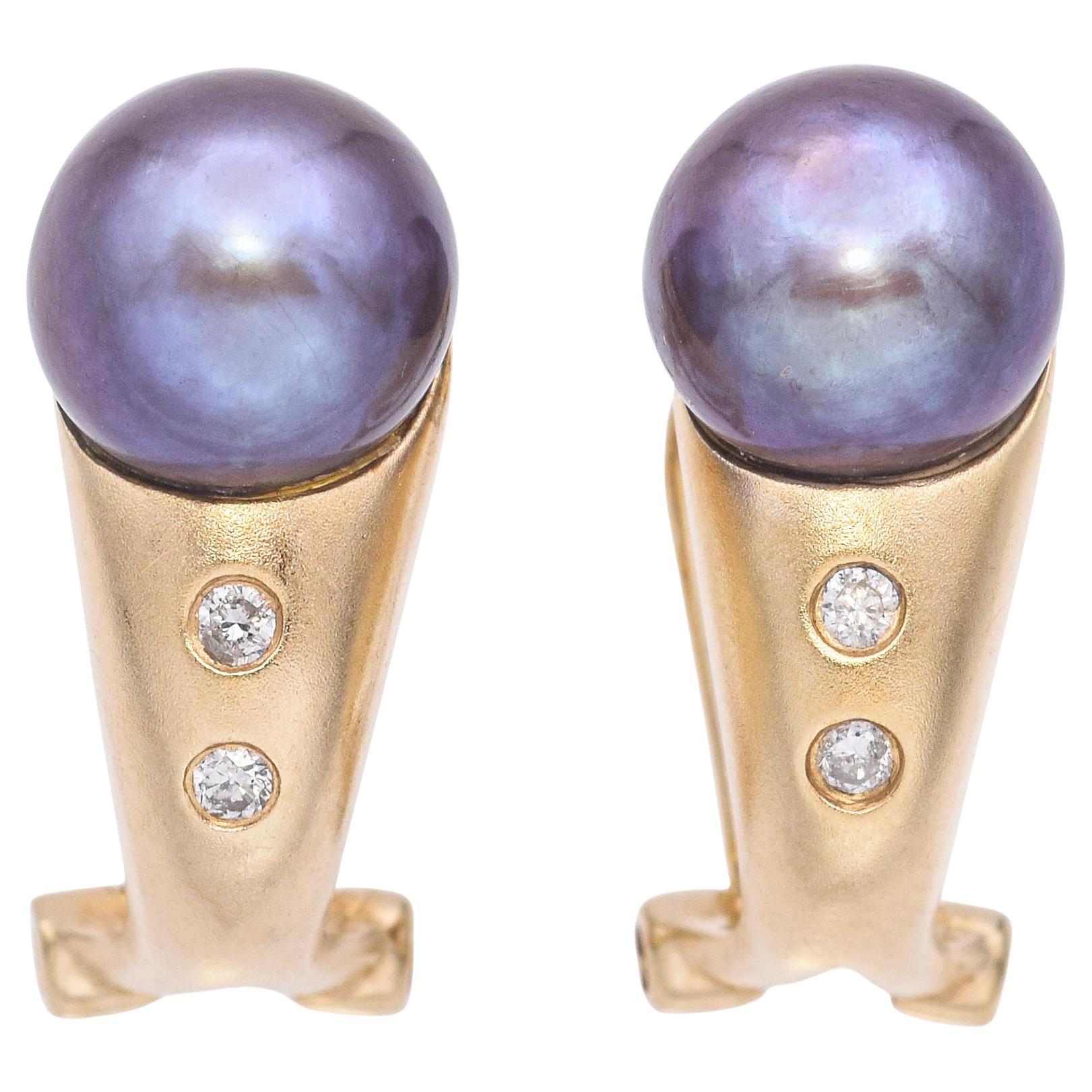 14K Sandblasted Yellow Gold Tahitian Pearl and Diamond Drop Earrings