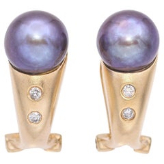 14K Sandblasted Yellow Gold Tahitian Pearl and Diamond Drop Earrings