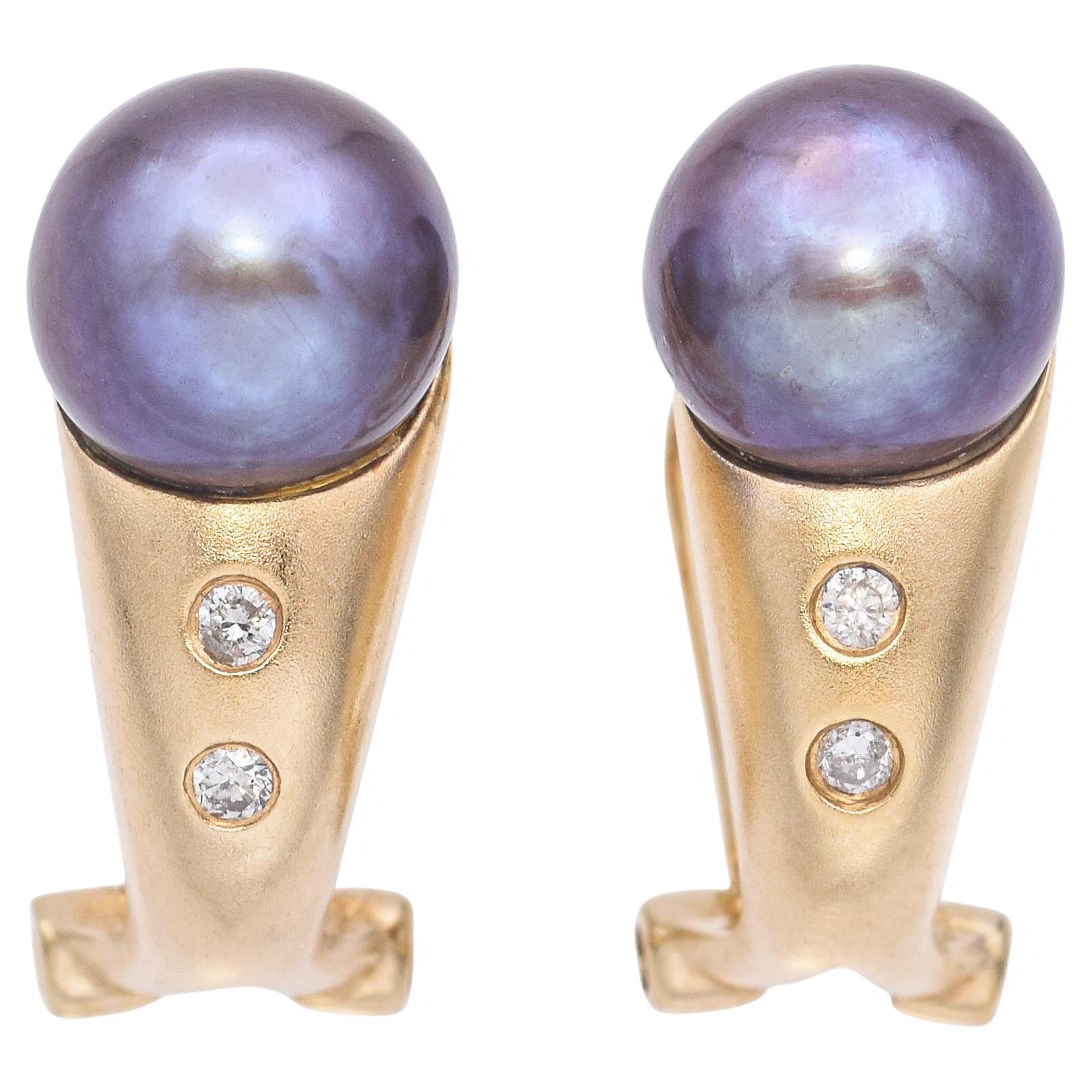 14k Sandblasted Yellow Gold Tahitian Pearl and Diamond Drop Earrings