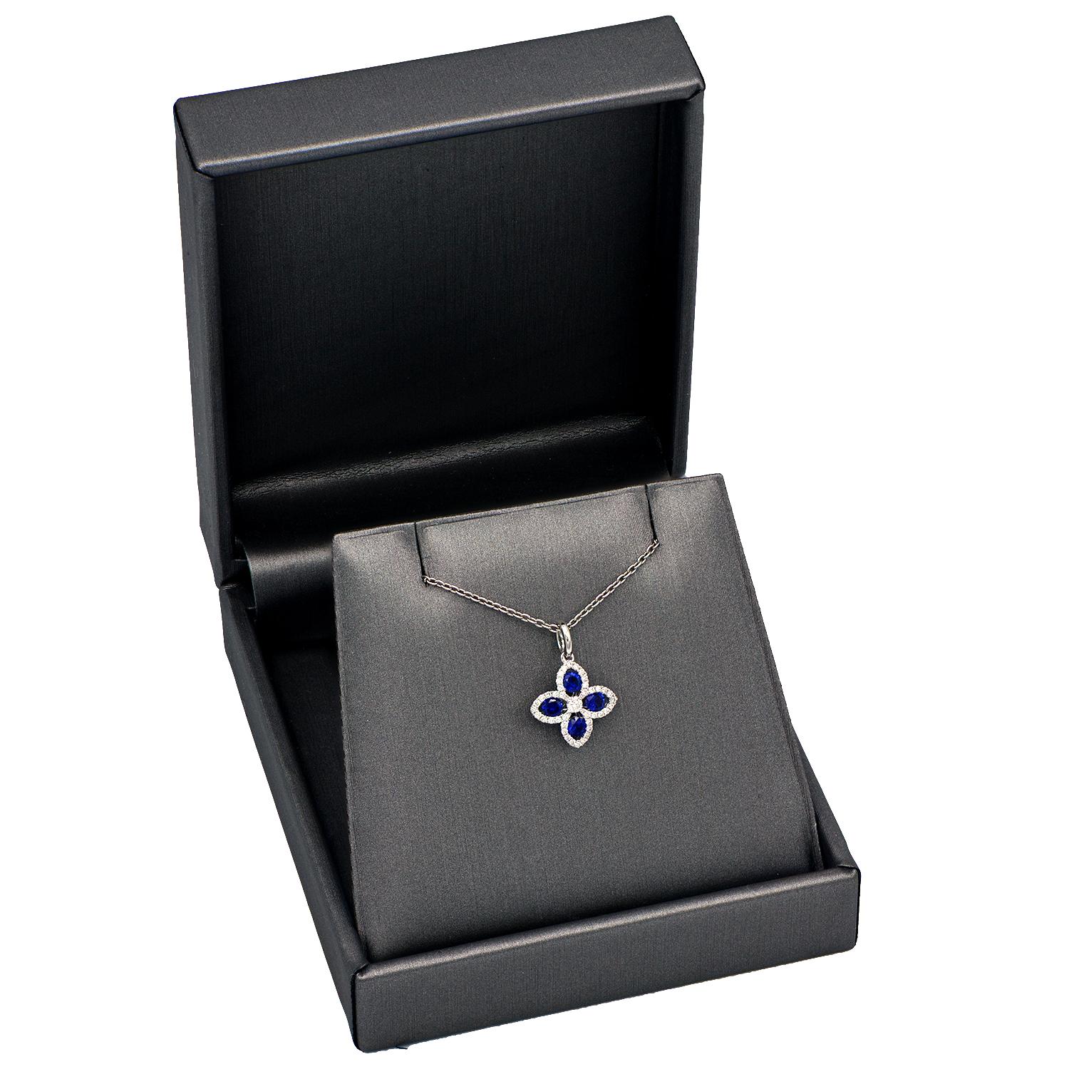 Contemporary 14K Sapphire and Diamond Four Leaf Pendant For Sale
