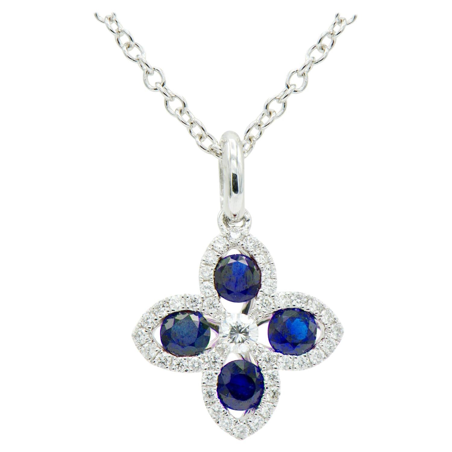 14K Sapphire and Diamond Four Leaf Pendant For Sale