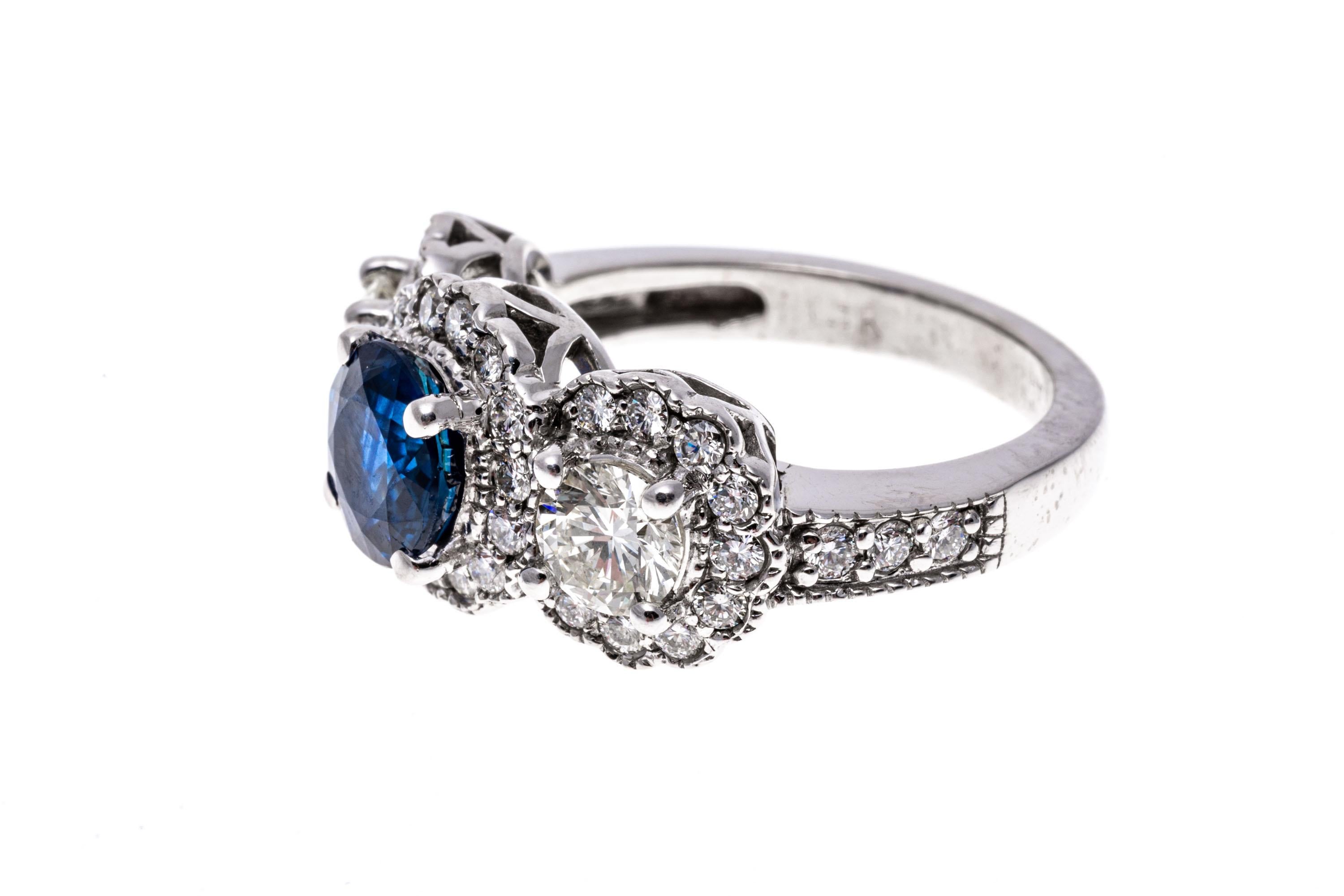 14k White Gold Blue Sapphire and Diamond Halo Three Stone Ring, App. 0.57 TCW For Sale 1