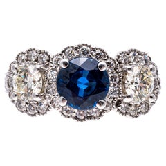 Vintage 14k White Gold Blue Sapphire and Diamond Halo Three Stone Ring, App. 0.57 TCW