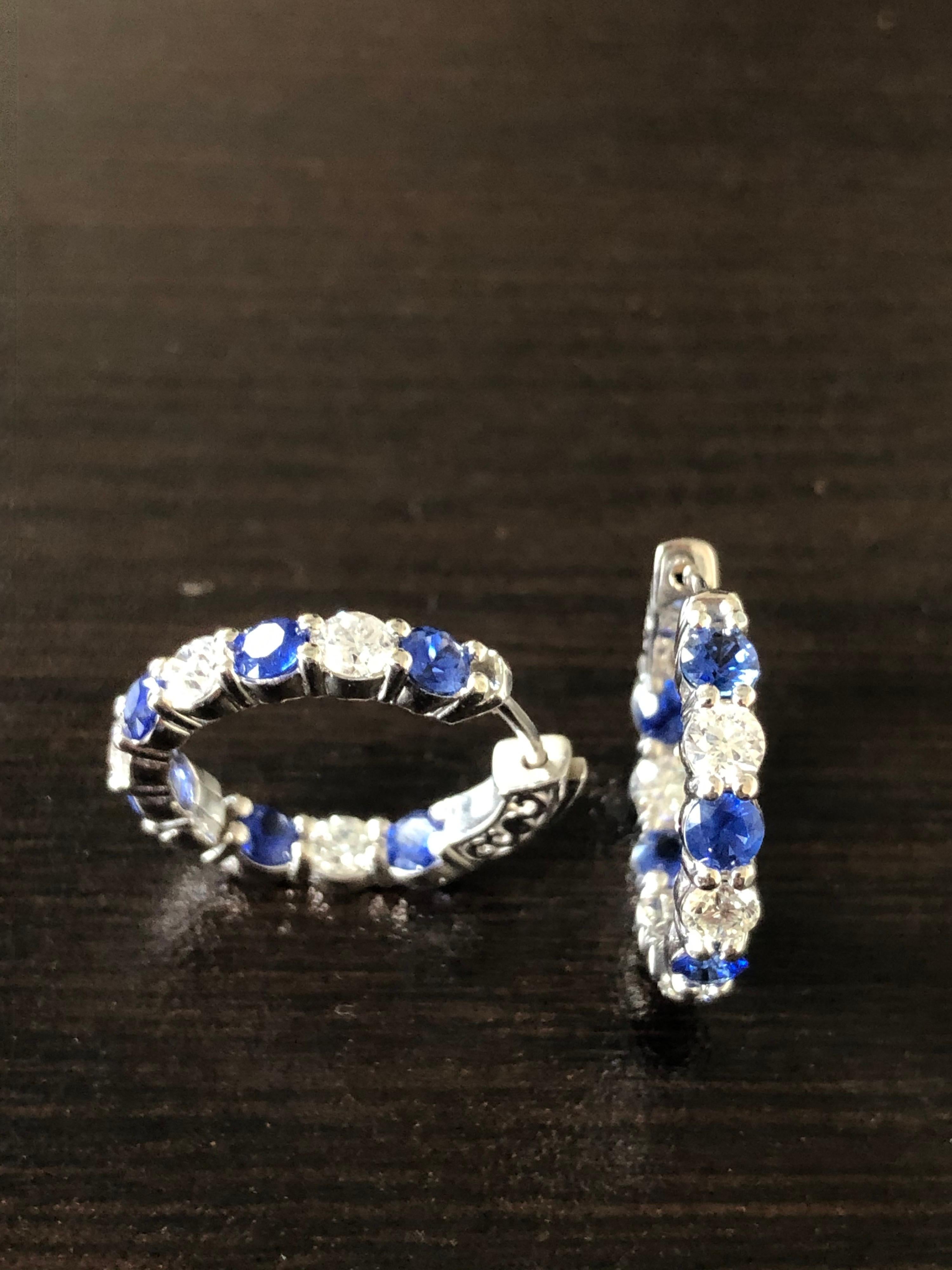14 Karat Saphir und Diamant-Ohrringe mit Creolen (Rundschliff) im Angebot
