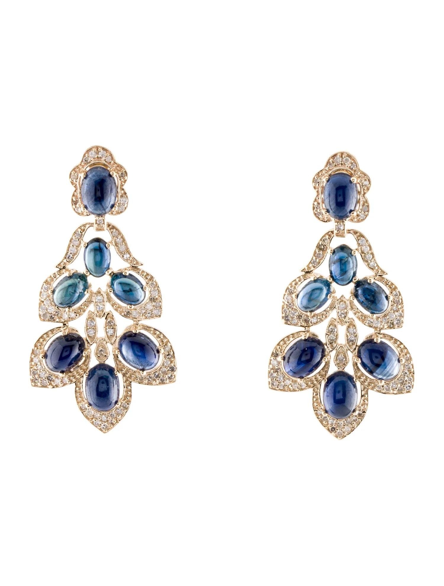 Oval Cut 14K Sapphire & Diamond Drop Earrings - 15.02ctw Oval Sapphire Cabochons For Sale