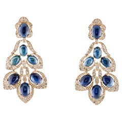 Boucles d'oreilles pendantes en saphir et diamant 14 carats - Cabochons de saphir ovale 15,02 carats