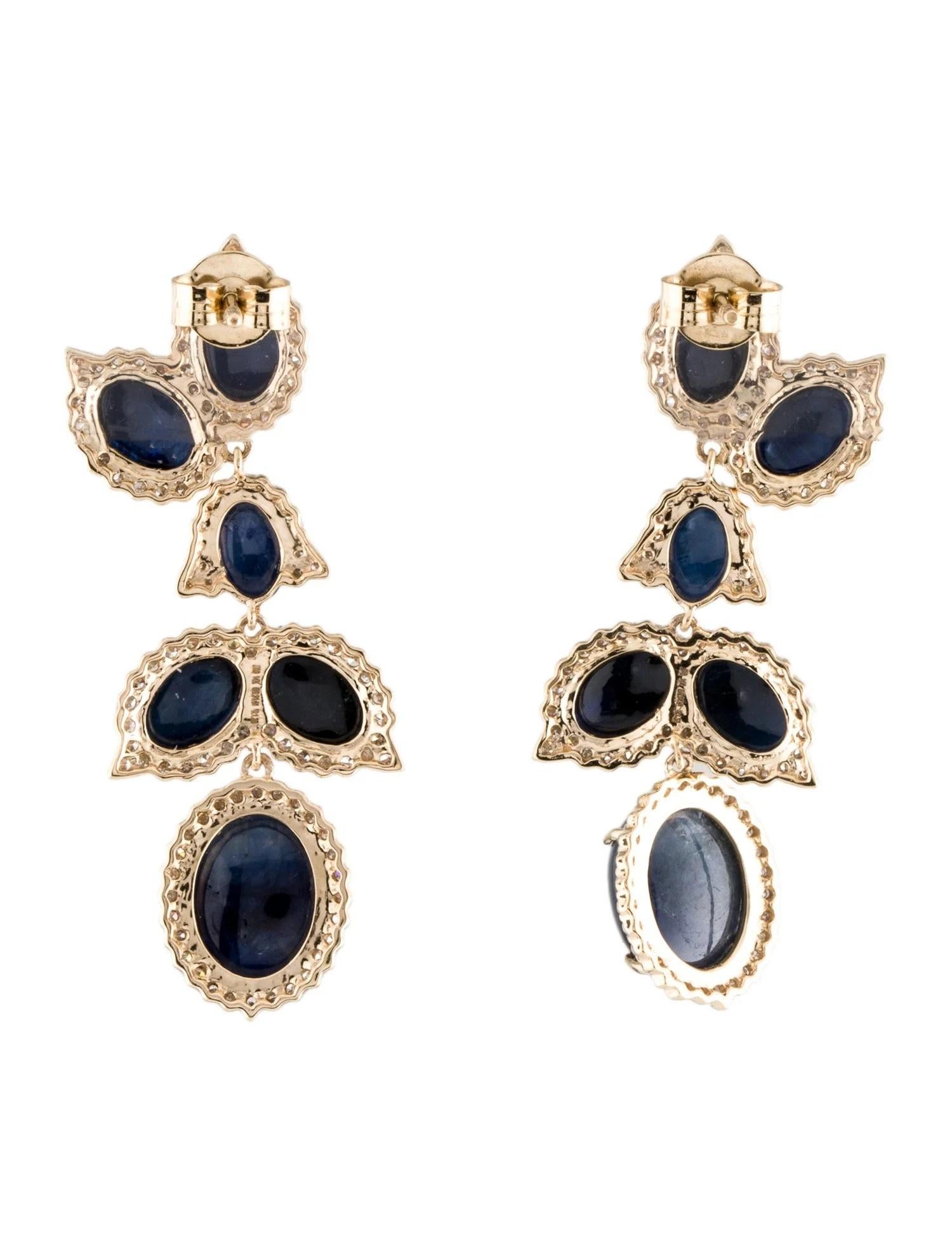 Artist 14K Sapphire & Diamond Drop Earrings - Elegant Oval Cabochons For Sale