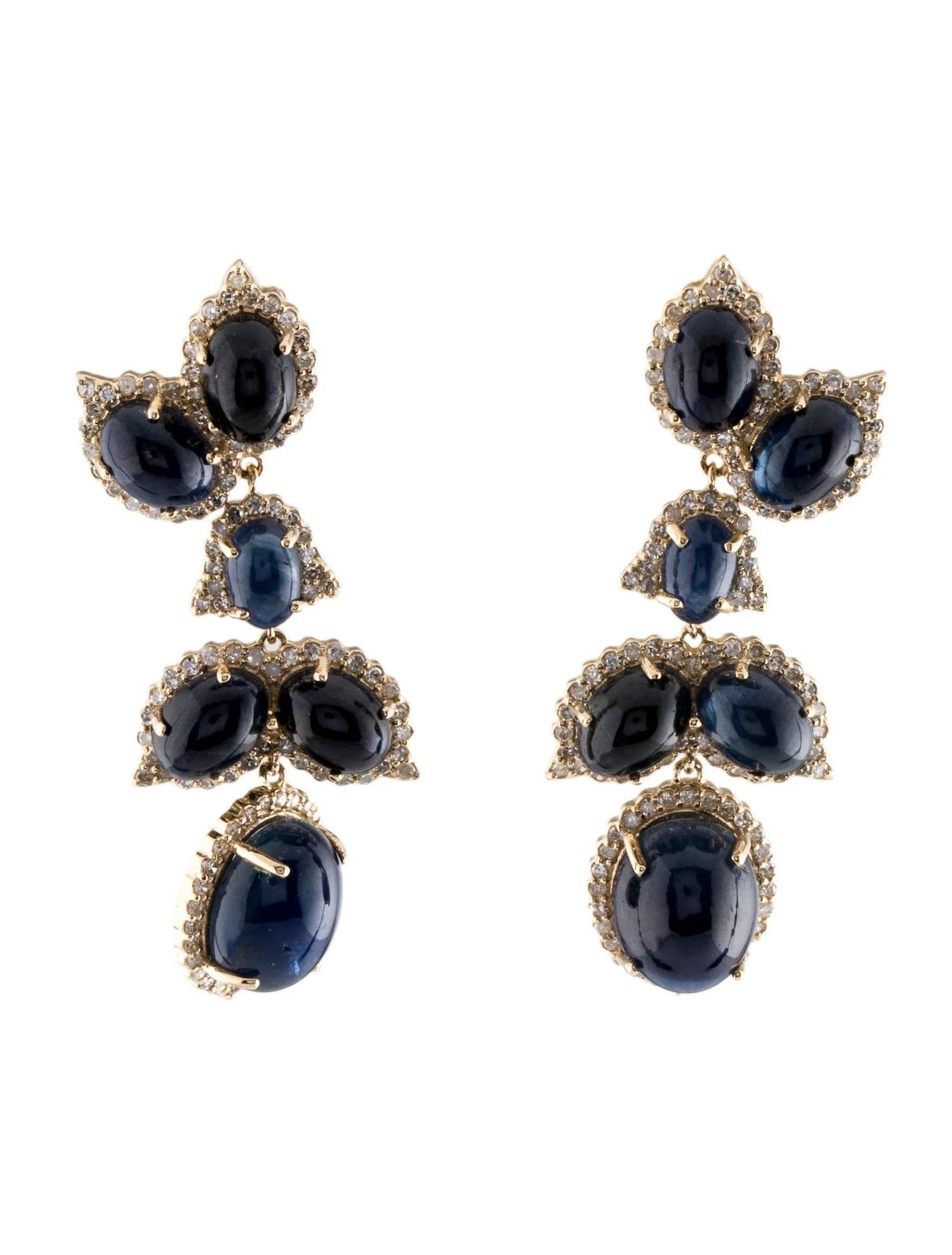 Boucles d'oreilles pendantes en saphir et diamant 14 carats - élégants cabochons ovales