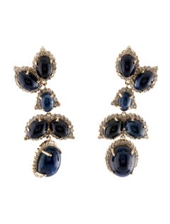 Boucles d'oreilles pendantes en saphir et diamant 14 carats - élégants cabochons ovales