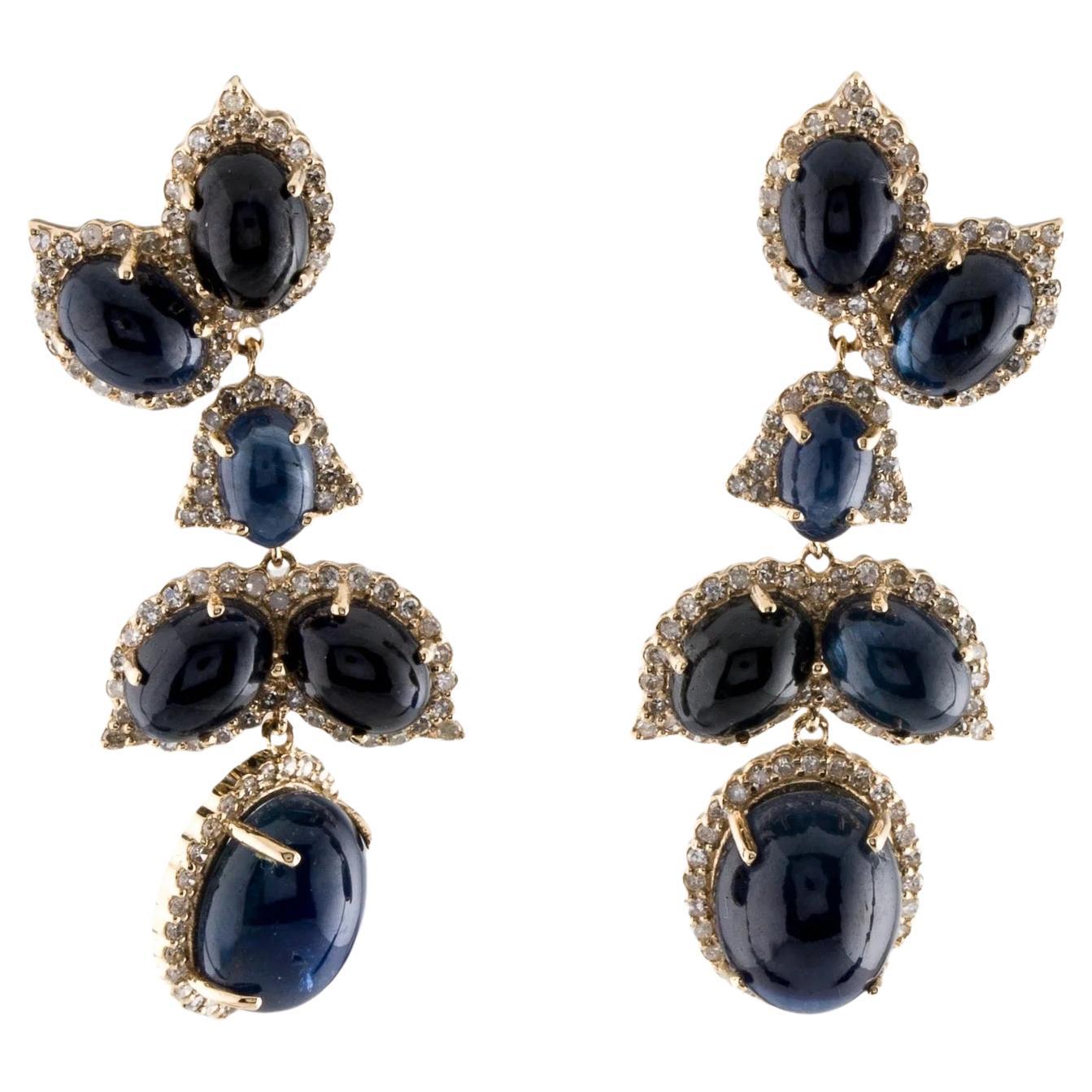 Oval Cut 14K Sapphire & Diamond Drop Earrings - Elegant Oval Cabochons For Sale
