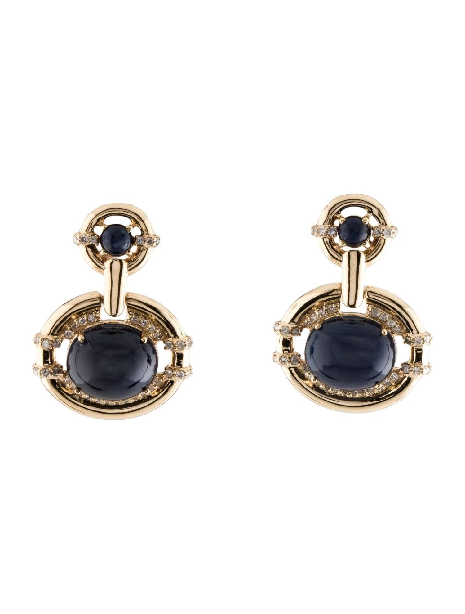 Round Cut 14K Sapphire & Diamond Drop Earrings with 0.72ct Sapphire Cabochons & 0.34ct Dia For Sale