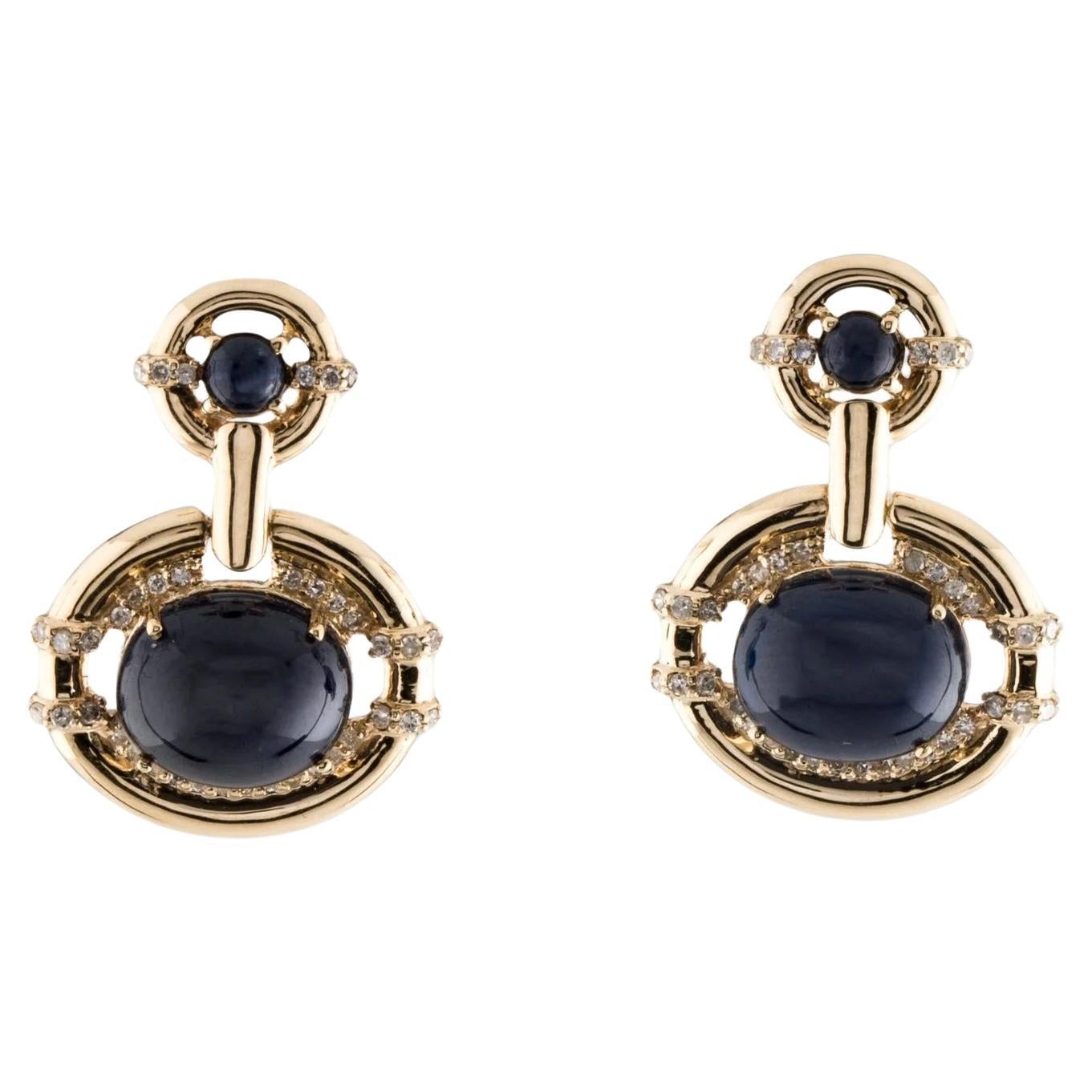 14K Sapphire & Diamond Drop Earrings with 0.72ct Sapphire Cabochons & 0.34ct Dia