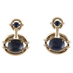 14K Sapphire & Diamond Drop Earrings with 0.72ct Sapphire Cabochons & 0.34ct Dia