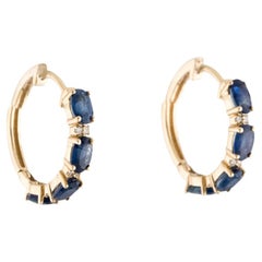 14K Sapphire Diamond Hoop Earrings - Blue Gemstone Fine Statement Jewelry