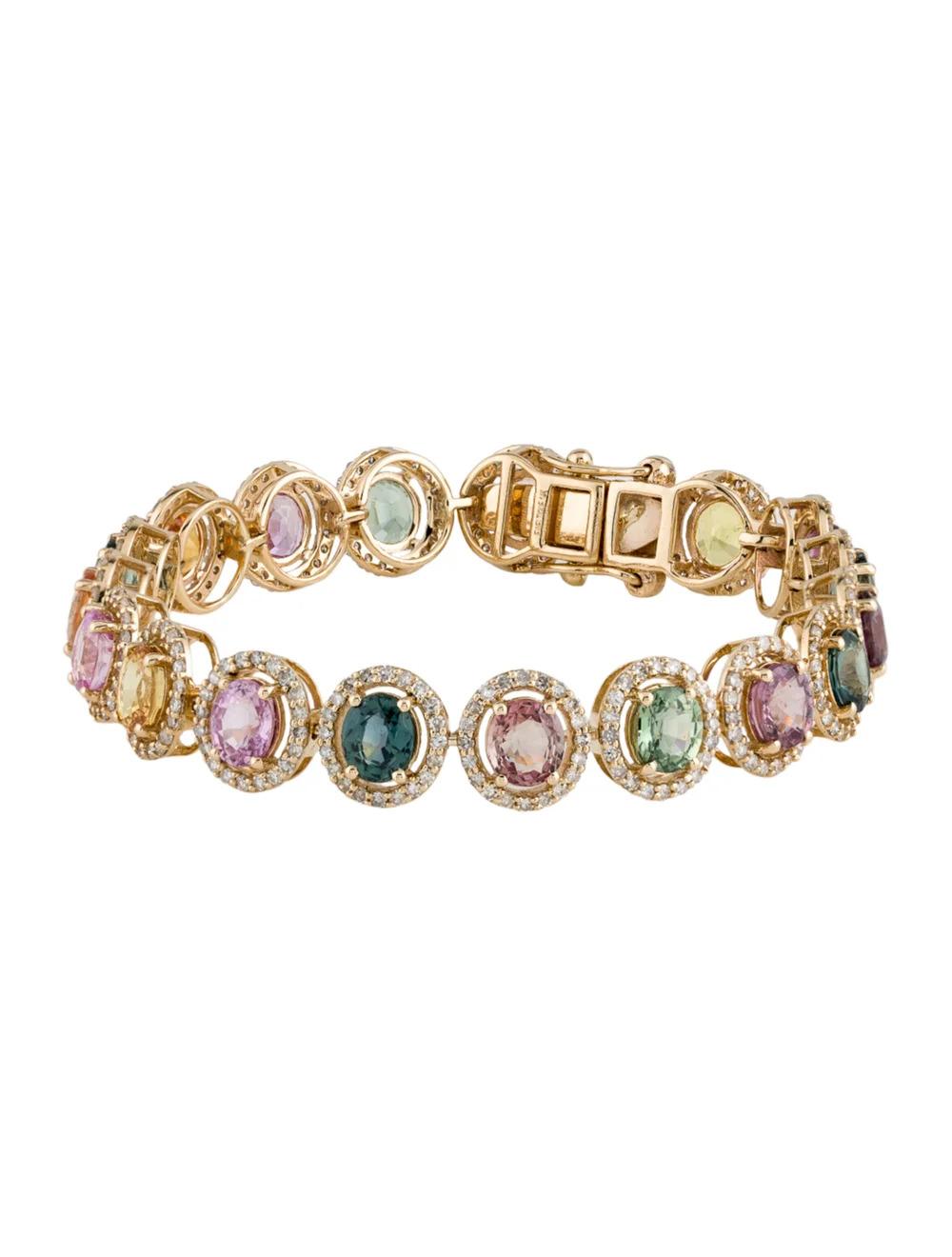 Elevate your wrist with this exquisite 14K yellow gold link bracelet, adorned with a dazzling array of gemstones, including a magnificent 14.33 carat oval modified brilliant sapphire.

Specifications:

* Metal Type: 14K Yellow Gold
* Gemstone: