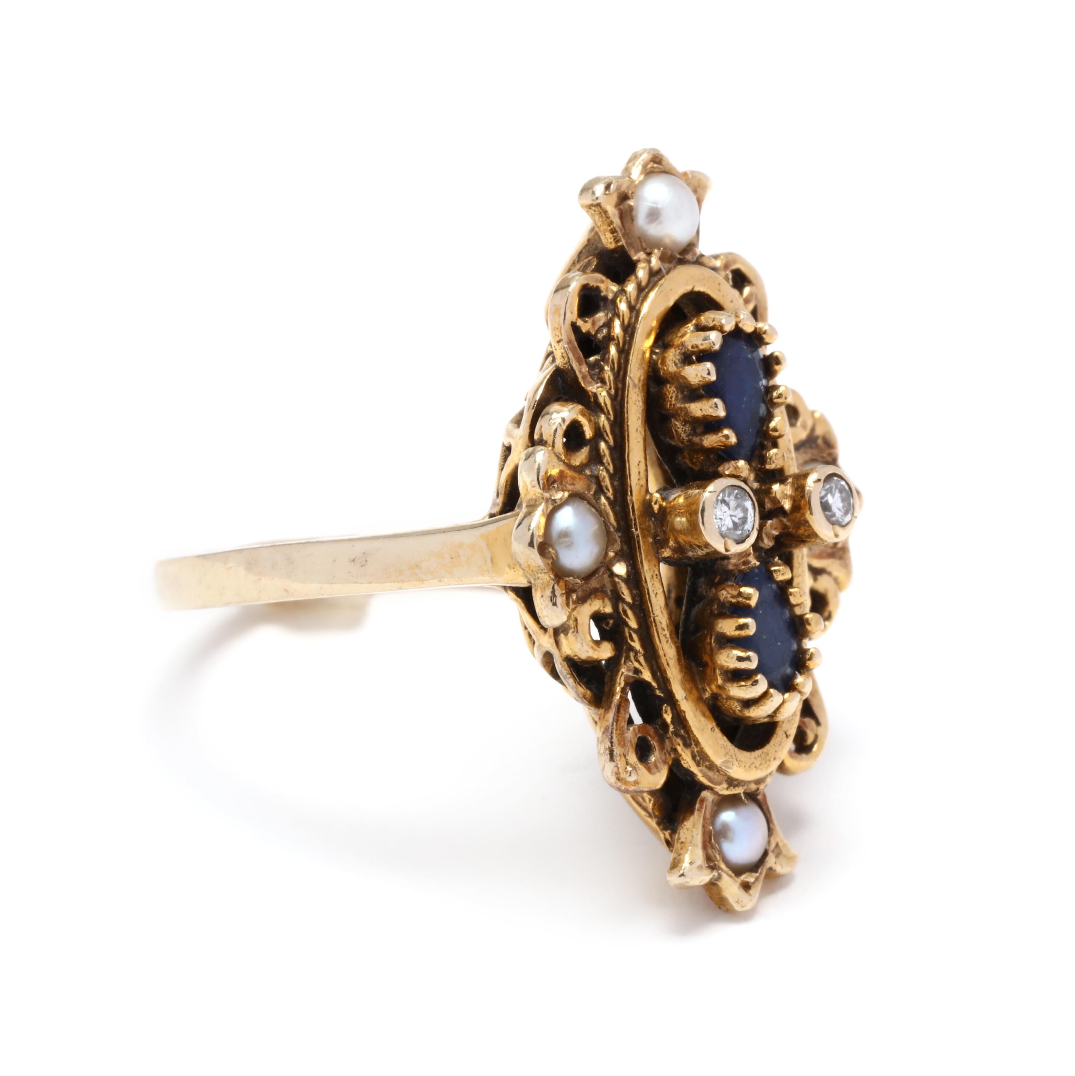 A vintage 14 karat yellow gold sapphire, diamond and pearl navette scroll ring. This ring features a marquise navette shape with two prong set, pear shape sapphires with the points facing each other, with two bezel set, round brilliant cut diamonds