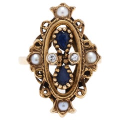 14K Sapphire, Diamond & Pearl Navette Scroll Ring