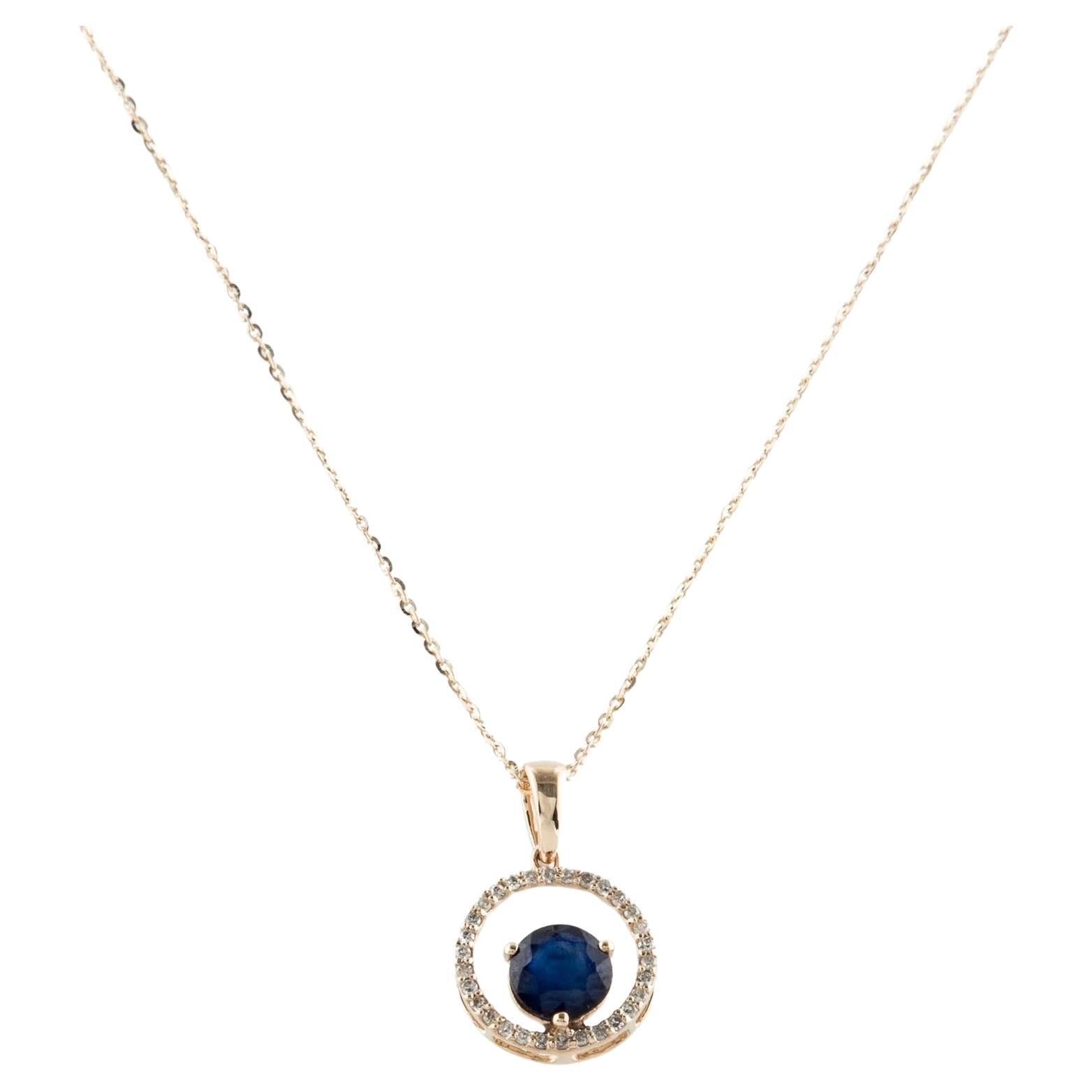 14K Sapphire & Diamond Pendant Necklace - 0.72 Carat Round Faceted Sapphire