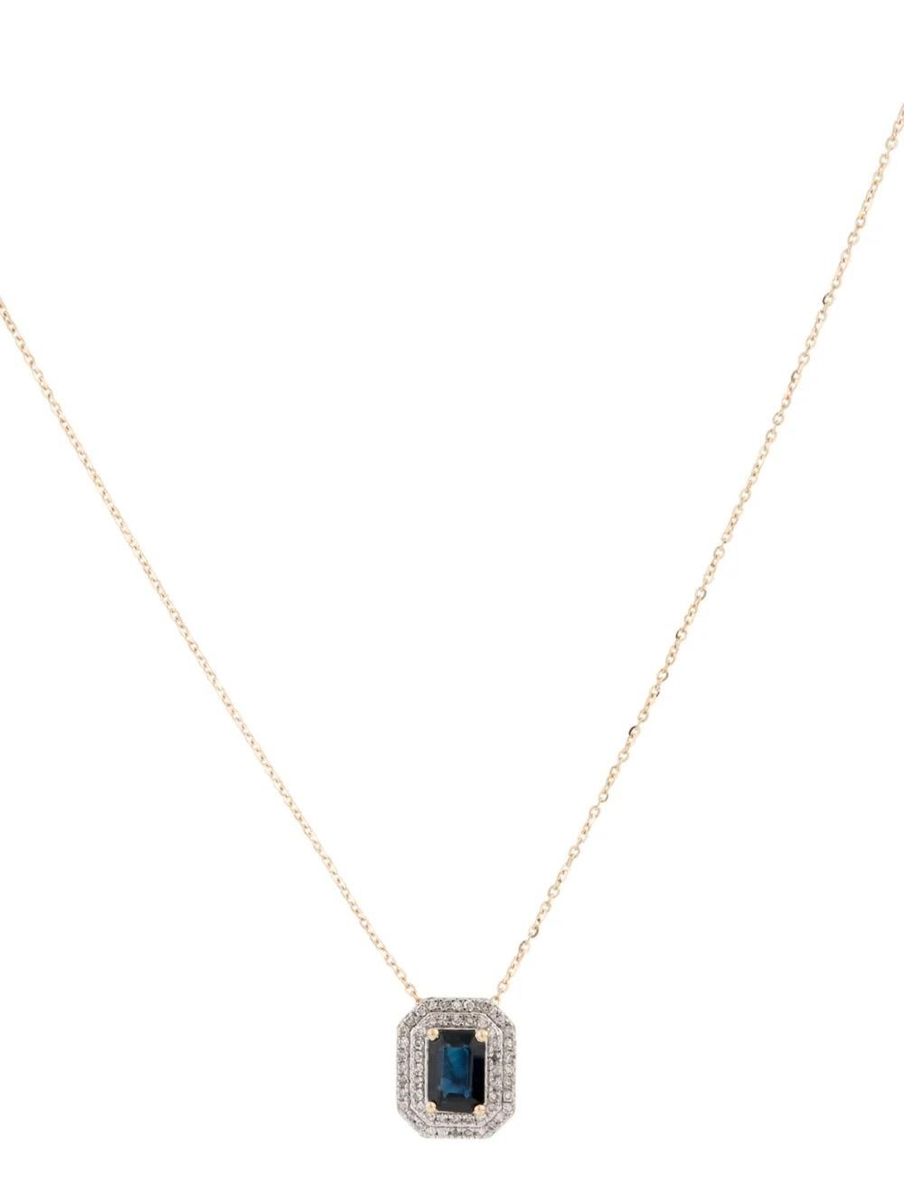 This elegant 14K Yellow Gold Pendant Necklace boasts a stunning Sapphire centerpiece complemented by sparkling Diamonds. 

Specifications:

* Material: 14K Yellow Gold
* Gemstone: Sapphire
* Carat Weight: 1.10
* Stone Count: 1
* Stone Shape: Cut