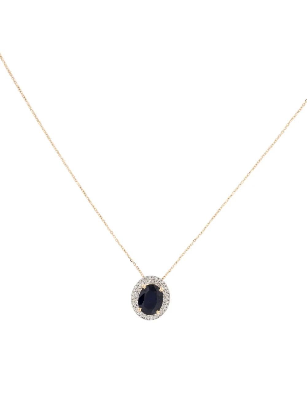 This stunning pendant necklace exudes elegance and sophistication, crafted with meticulous attention to detail from luxurious rhodium-plated 14K yellow gold. Adorned with a captivating oval modified brilliant sapphire, boasting a remarkable carat