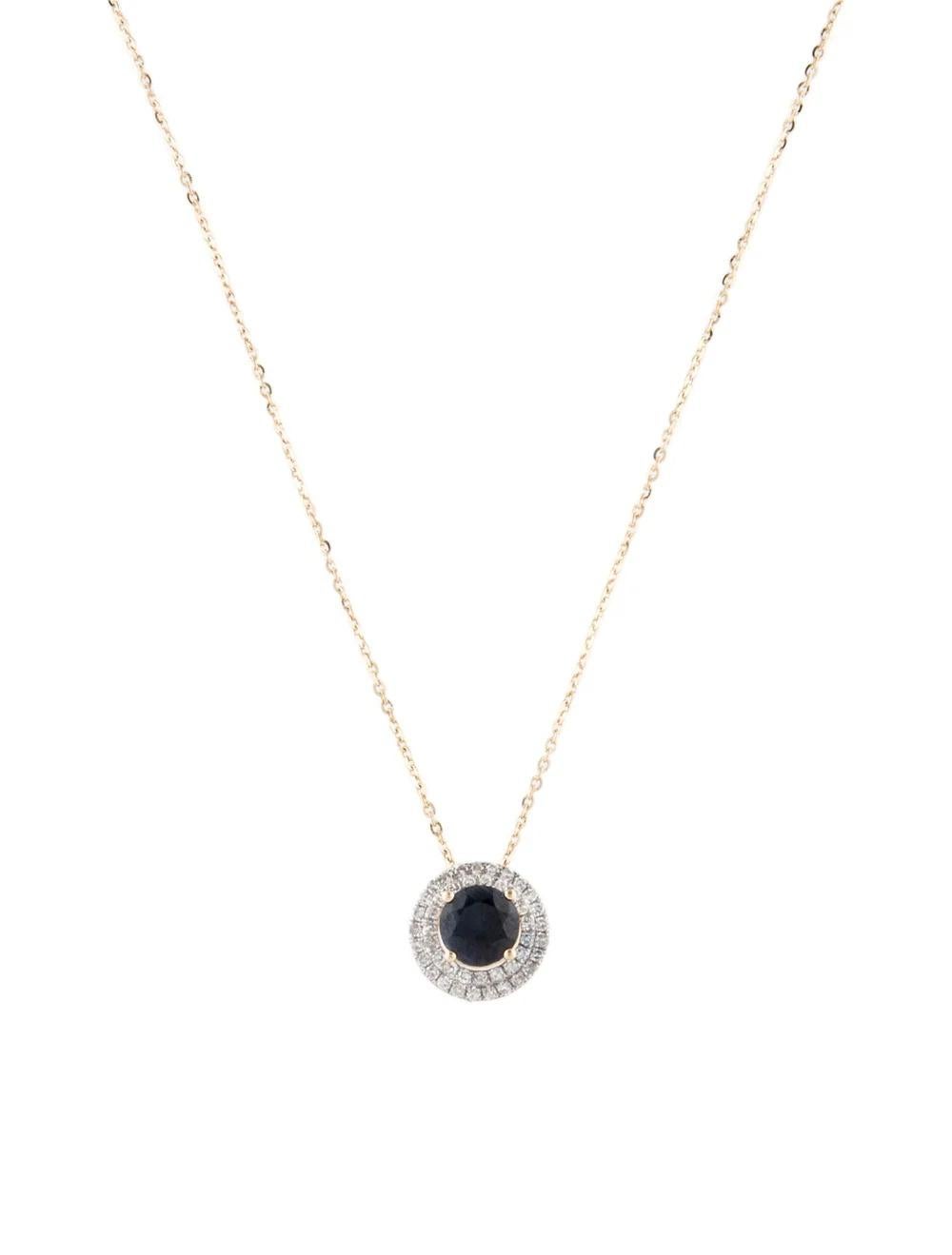 Embrace sophistication with this stunning rhodium-plated and 14K yellow gold pendant necklace, featuring a captivating round modified brilliant sapphire and sparkling diamonds. Crafted to perfection, this timeless piece exudes elegance and style,