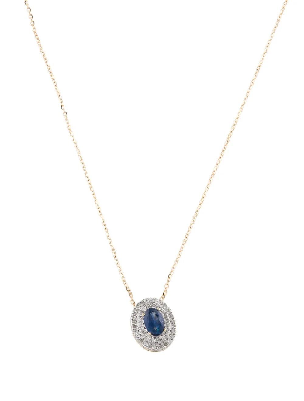 Elevate your style with this exquisite 14K Yellow Gold pendant necklace, showcasing a captivating 0.62 Carat Faceted Oval Sapphire complemented by shimmering diamond accents.

SPECIFICATIONS:

* Metal Type: 14K Yellow Gold
* Total Item Weight: