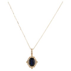 14K Sapphire & Diamond Pendant Necklace  Yellow Gold  Oval Faceted Sapphire