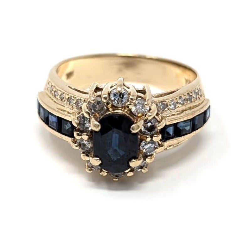 14k Sapphire and Diamond Ring Oval Halo Channel Set Solid Yellow