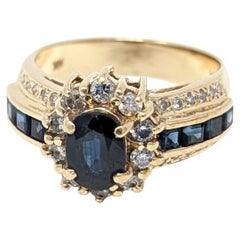 Anello con zaffiro e diamante 14k con incastonatura ovale a raggiera in oro giallo massiccio, misura USA 6,25