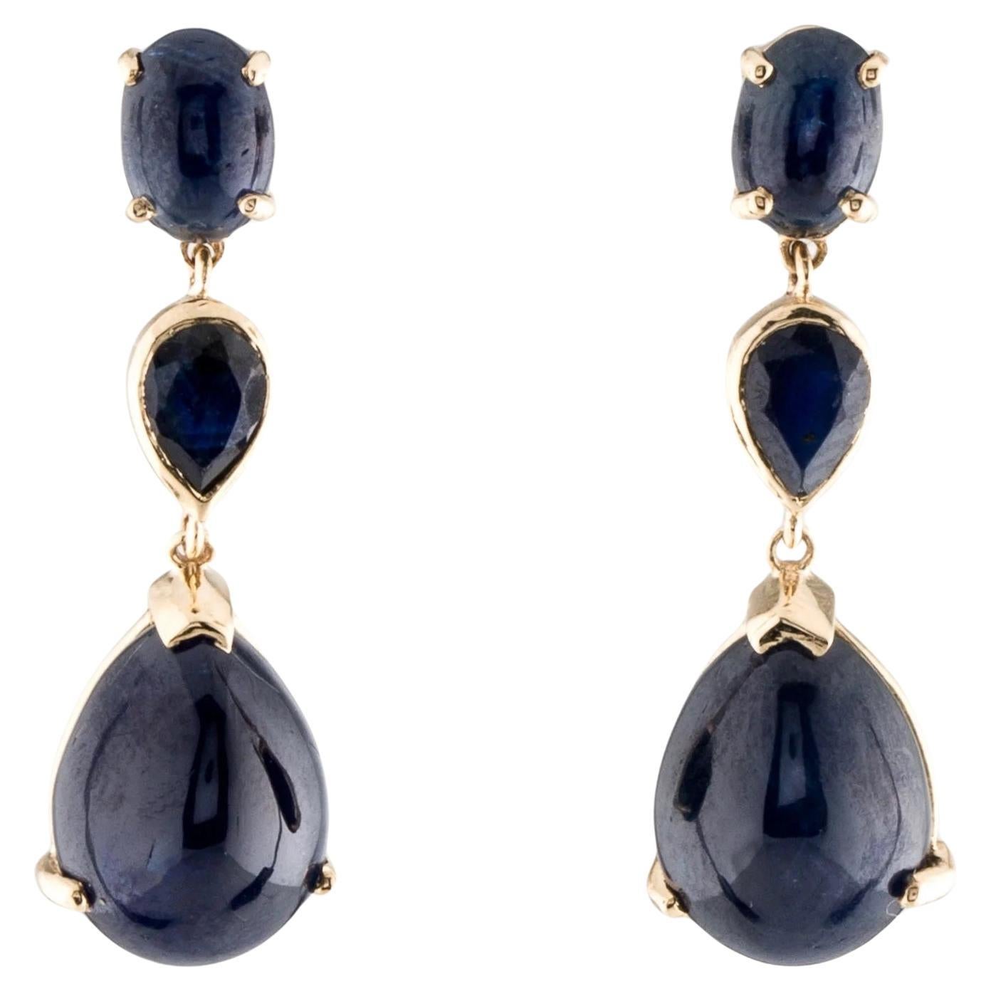 14K Sapphire Drop Earrings  Oval and Pear Shaped Cabochons  Yellow Gold  2.10 For Sale