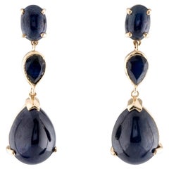 14K Sapphire Drop Earrings  Oval and Pear Shaped Cabochons  Yellow Gold  2.10