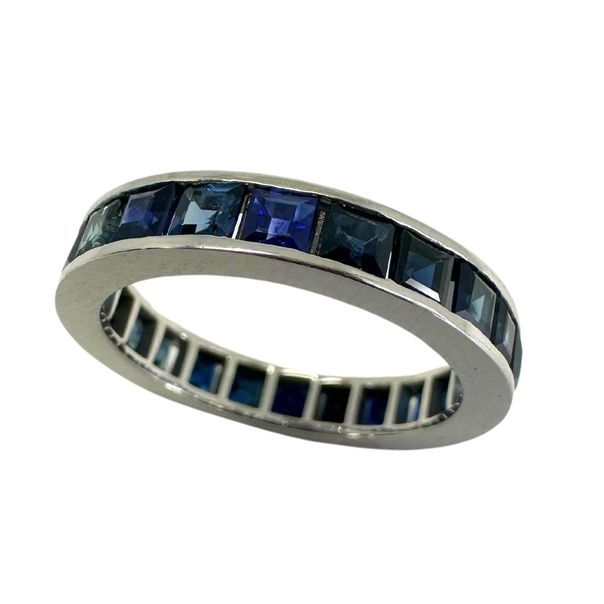 This 14K Sapphire Eternity Band is a stunning piece in good condition. The 3.11mm wide band is made of 14k white gold and weighs 3.12 grams. Adorned with a sparkling 3.33 carat sapphire, this ring in size 6 will add luxury and elegance to any