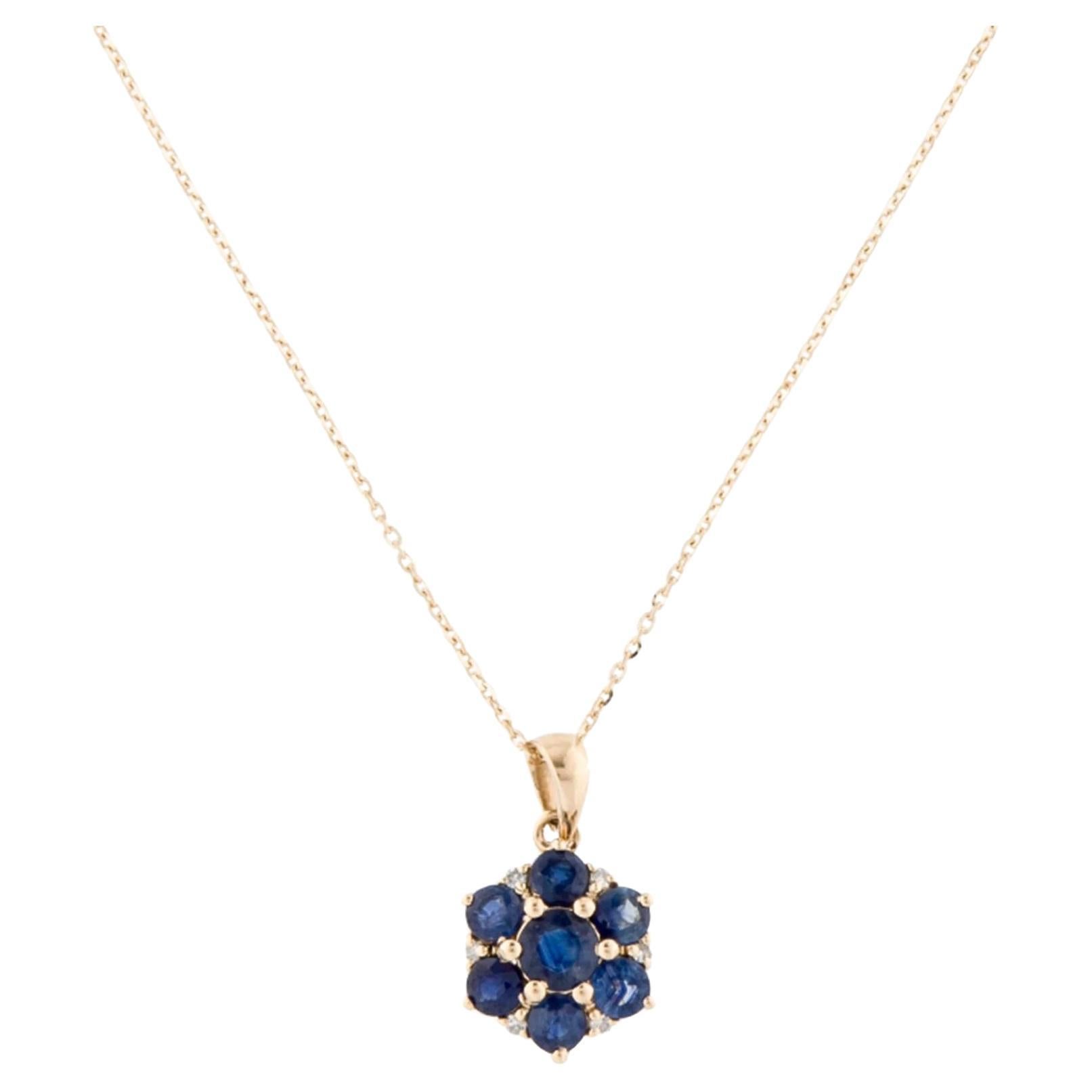 14K Sapphire Flower Pendant Necklace - 1.07 Carat Round Sapphire - 16" Length For Sale