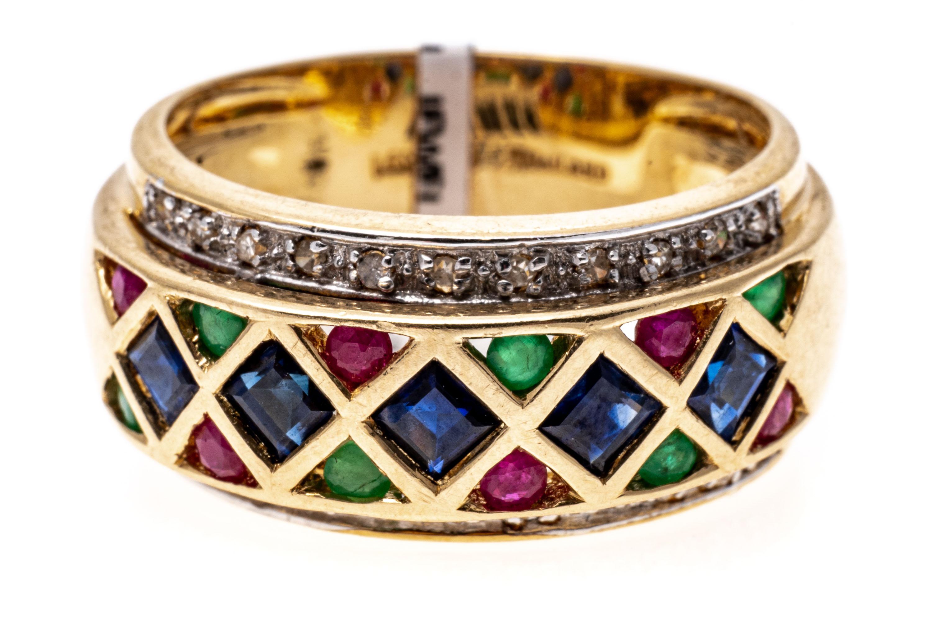 14k Yellow Gold Fun Harlequin Pattern Sapphire, Ruby, Emerald And Diamond Ring.
This classic ring is executed in a harlequin pattern, with a diamond shaped motif. In the center is a row of square faceted, navy blue color sapphires, approximately