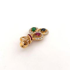Vintage 14K Gold Sapphire Ruby Emerald Bow Brooch, Late 20th Century