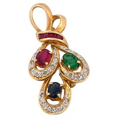 Vintage 14K Gold Sapphire Ruby Emerald Bow Brooch, Late 20th Century