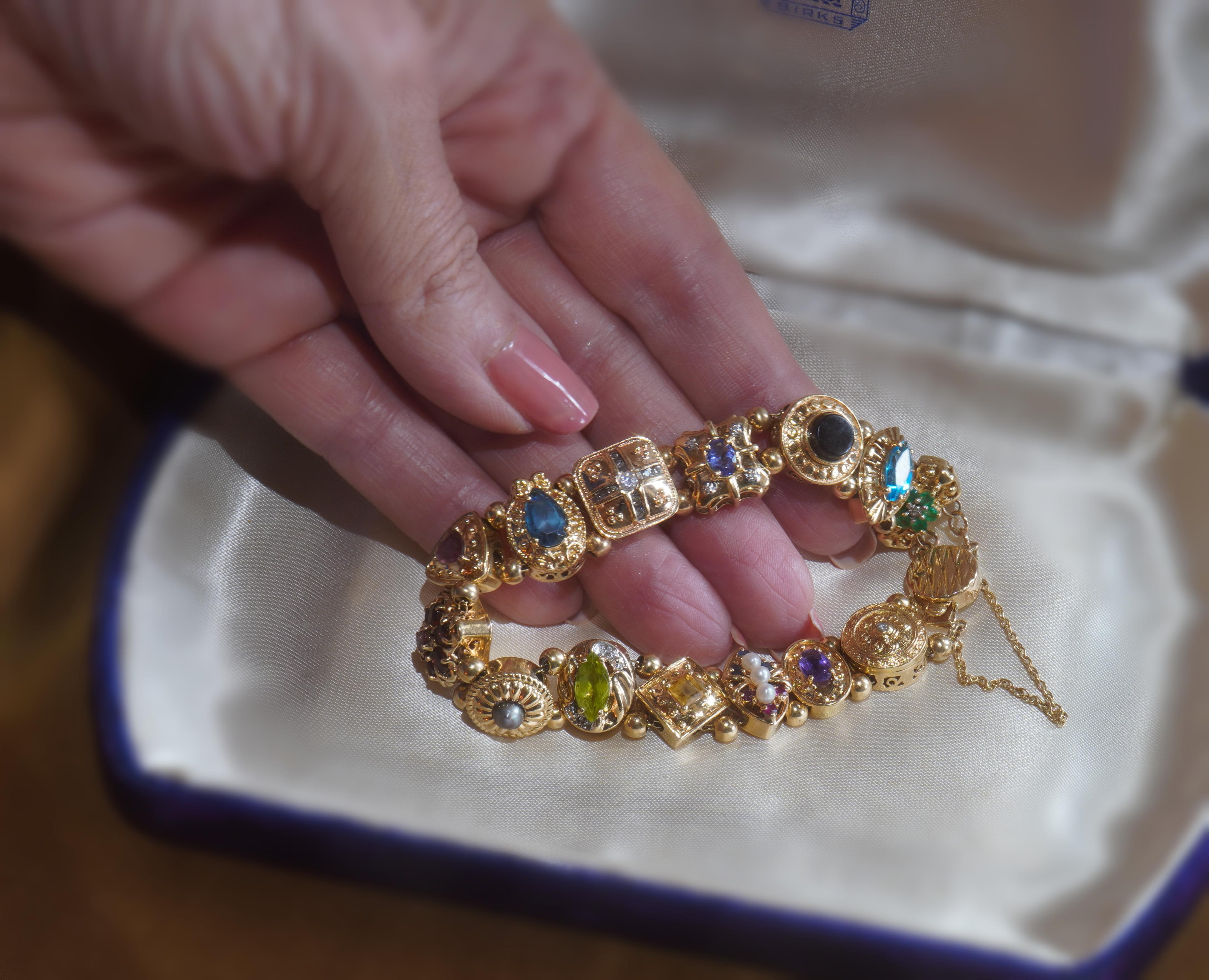 Old South Jewels proudly presents...LUXURY.  VINTAGE FINE 9.22 CARATS OF SAPPHIRE, RUBY, EMERALD & DIAMOND VINTAGE 14K SOLID GOLD SLIDE BRACELET!   BREATHTAKING NATURAL GEMSTONES.   CROWNED WITH VS SPARKLING DIAMONDS.  FINE VINTAGE BRACELET IS SOLID