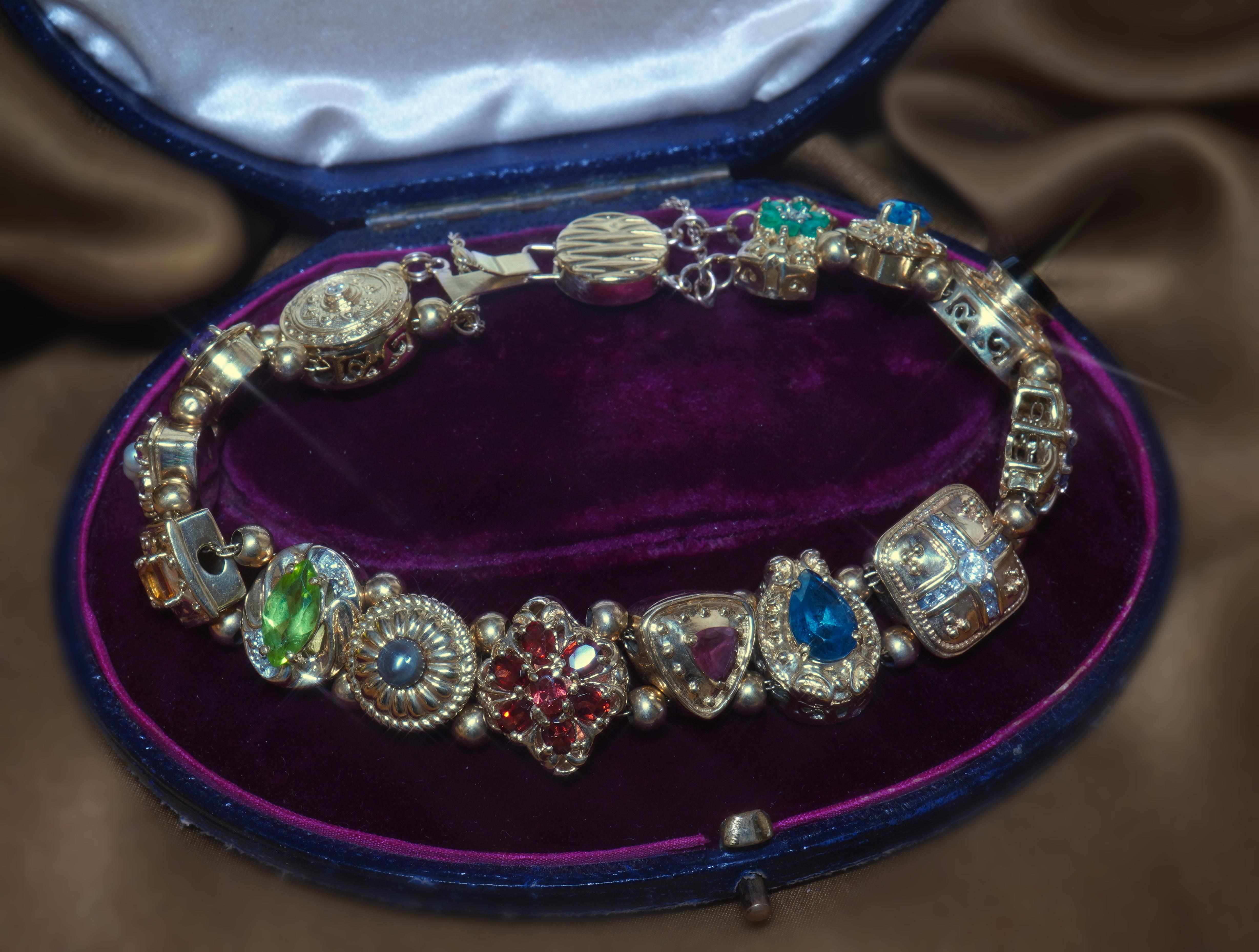 Round Cut 14K Sapphire Ruby Emerald Diamond Slide Bracelet Vintage Pearl Topaz 9.22 Carats
