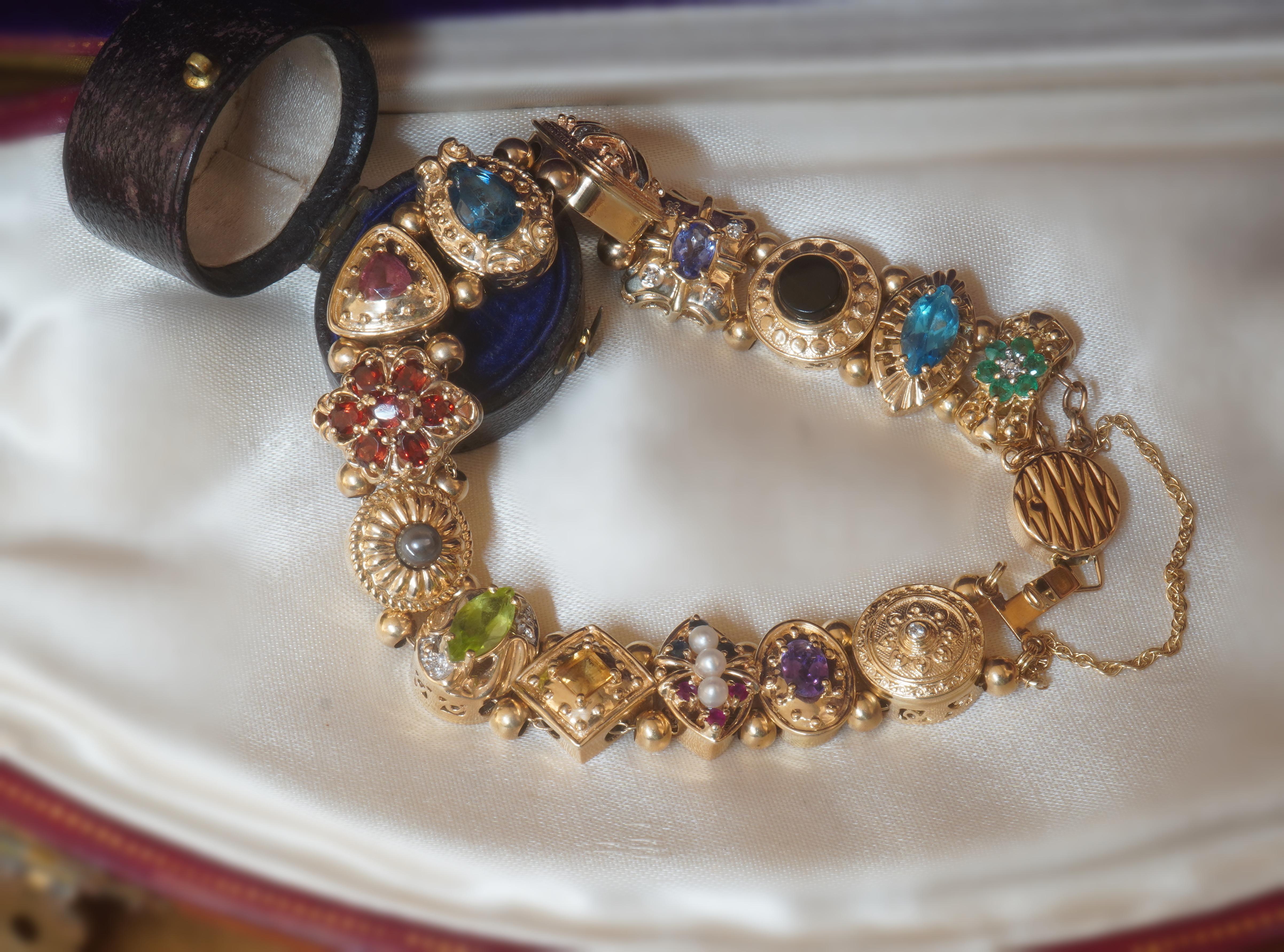 Women's 14K Sapphire Ruby Emerald Diamond Slide Bracelet Vintage Pearl Topaz 9.22 Carats
