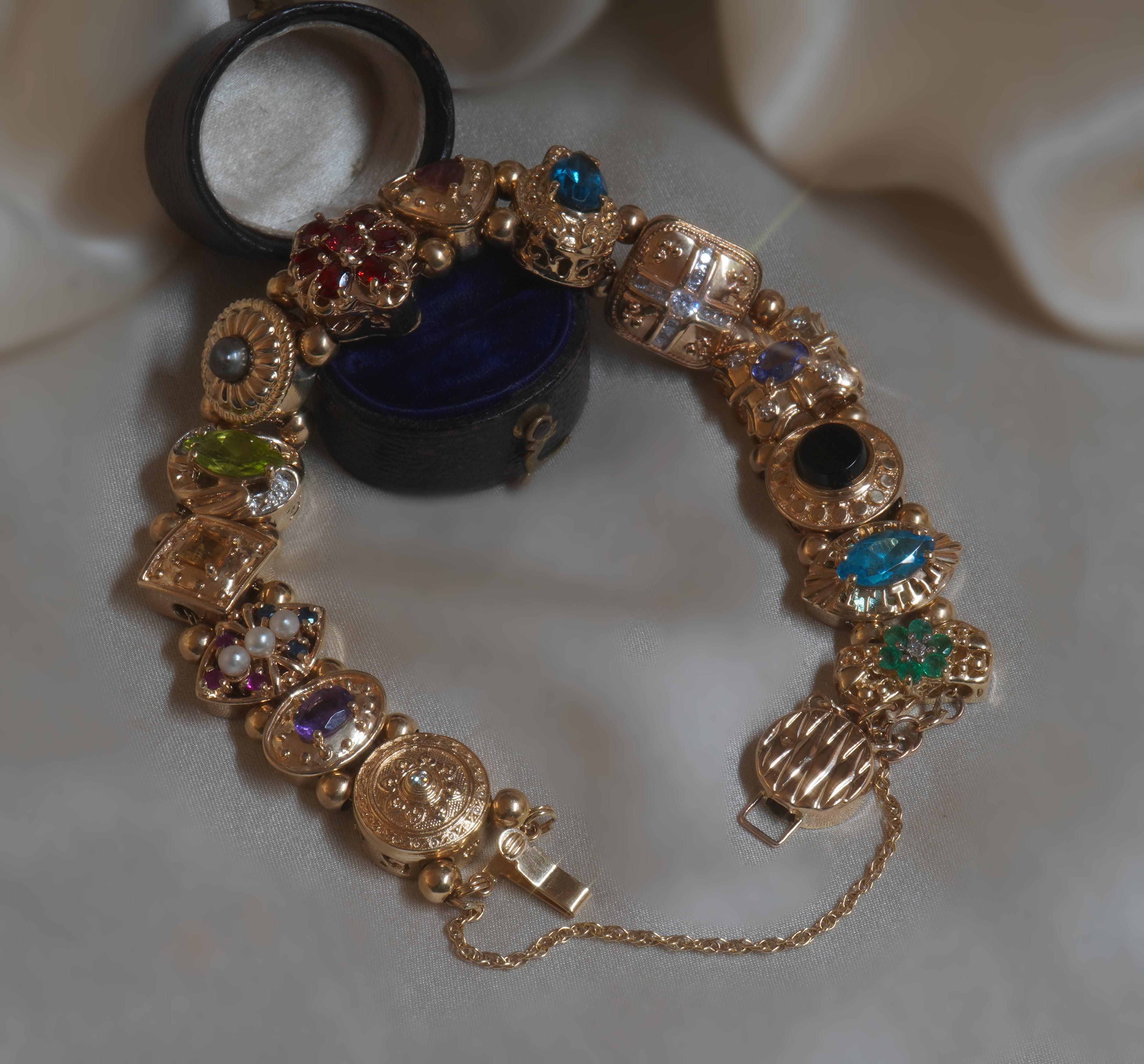 14K Sapphire Ruby Emerald Diamond Slide Bracelet Vintage Pearl Topaz 9.22 Carats 1