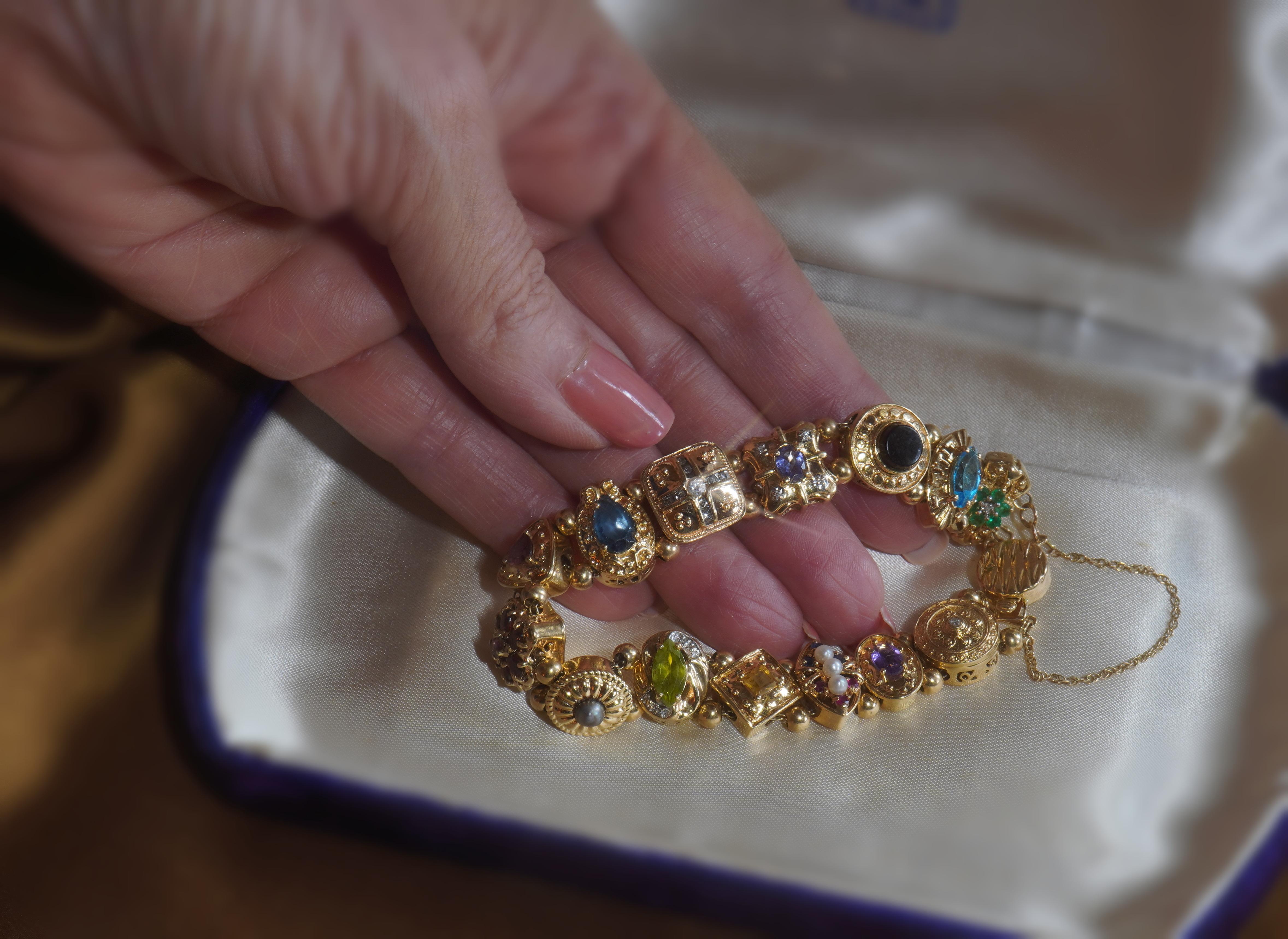 14K Sapphire Ruby Emerald Diamond Slide Bracelet Vintage Pearl Topaz 9.22 Carats 3